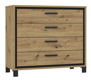 Kommode aus Holz mit vier Schubladen, schwarze Griffe und Rahmen, seitliche Perspektive