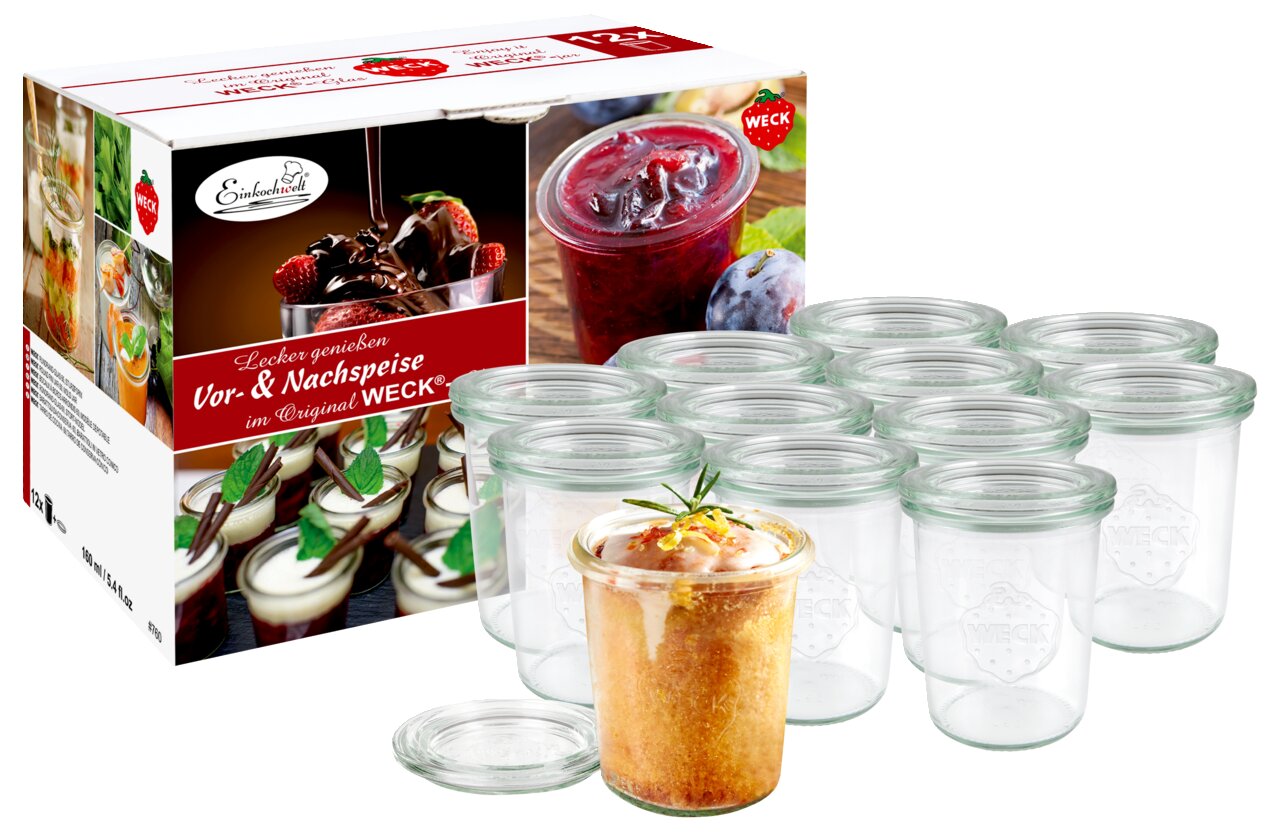 Set von 12 transparenten WECK-Gläsern mit 160 ml Fassungsvermögen, ideal für Vor- und Nachspeisen, abgebildet in einer leicht schrägen Perspektive mit einem dekorierten Dessert im Vordergrund.