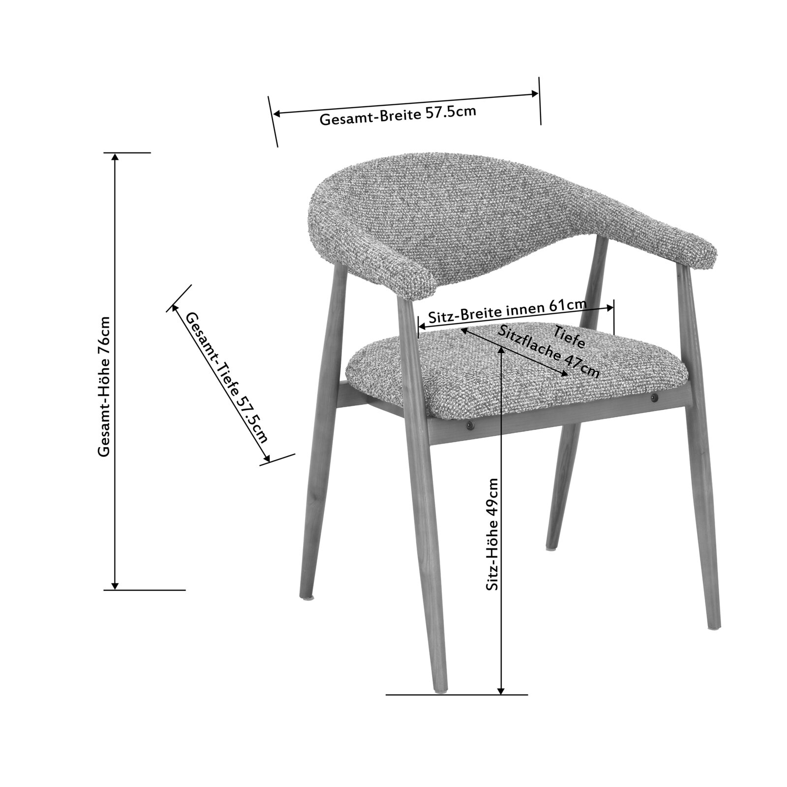 Gepolsterter Esszimmerstuhl mit grauem Stoffbezug und Holzbeinen, mit Maßangaben (Gesamtbreite 57,5 cm, Gesamttiefe 57,5 cm, Gesamthöhe 76 cm, Sitzhöhe 49 cm, Sitzbreite innen 61 cm, Sitztiefe/Sitzfläche 47 cm), Ansicht schräg von vorne rechts.