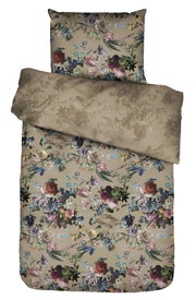 Bettwäsche-Set mit floralem Muster in Beige und bunten Blumen, aus der Vogelperspektive fotografiert.