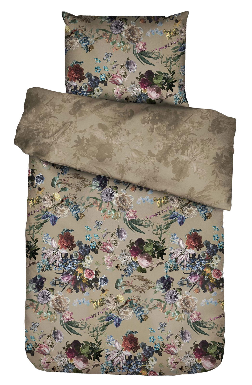 Bettwäsche-Set mit floralem Muster in Beige und bunten Blumen, aus der Vogelperspektive fotografiert.