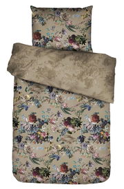 Bettwäsche-Set mit floralem Muster in Beige und bunten Blumen, aus der Vogelperspektive fotografiert.