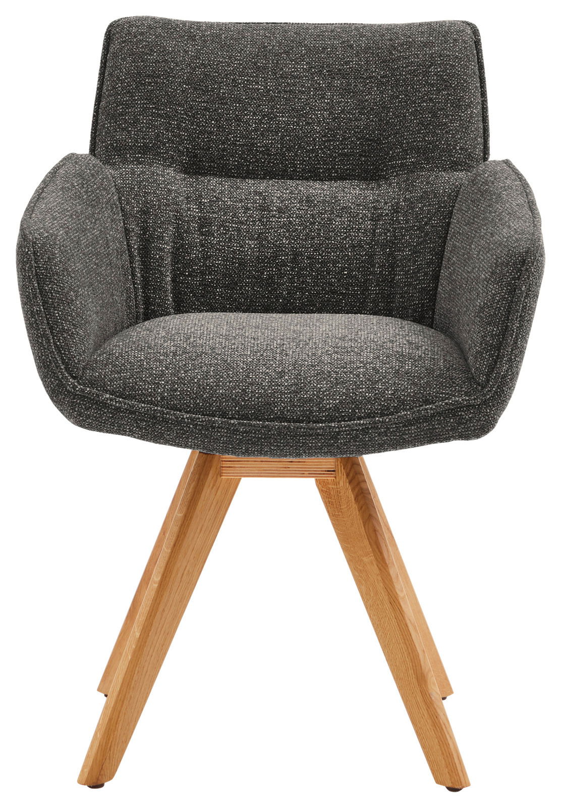 Grauer Armlehnstuhl mit Holzbeinen, Frontalansicht