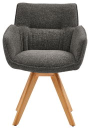 Grauer Armlehnstuhl mit Holzbeinen, Frontalansicht