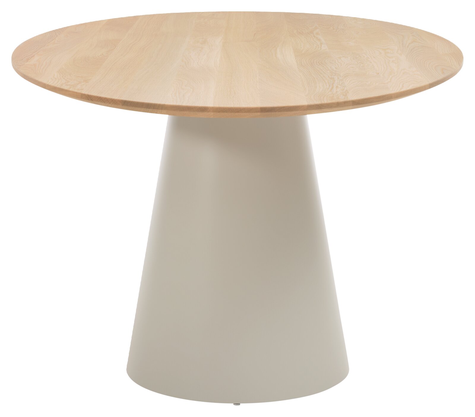 Ronde eettafel van licht hout met conische voet, zijaanzicht