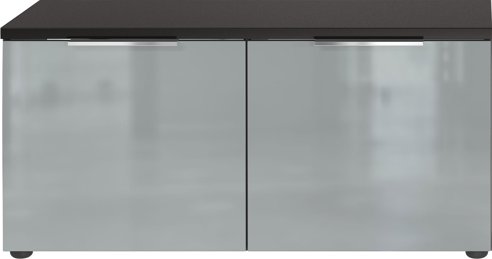 Schuhbank mit zwei Türen in Frontansicht, modernes Design mit dunkler Oberfläche und silbernen Griffen.