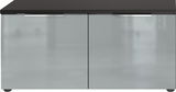 Schuhbank mit zwei Türen in Frontansicht, modernes Design mit dunkler Oberfläche und silbernen Griffen.