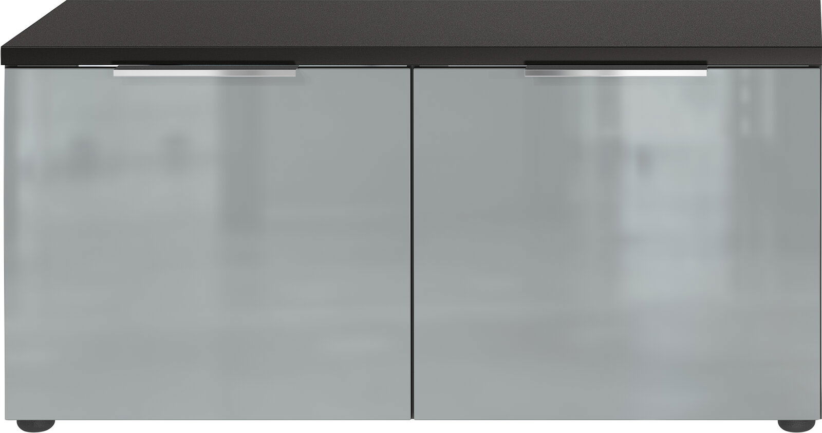 Schuhbank mit zwei Türen in Frontansicht, modernes Design mit dunkler Oberfläche und silbernen Griffen.