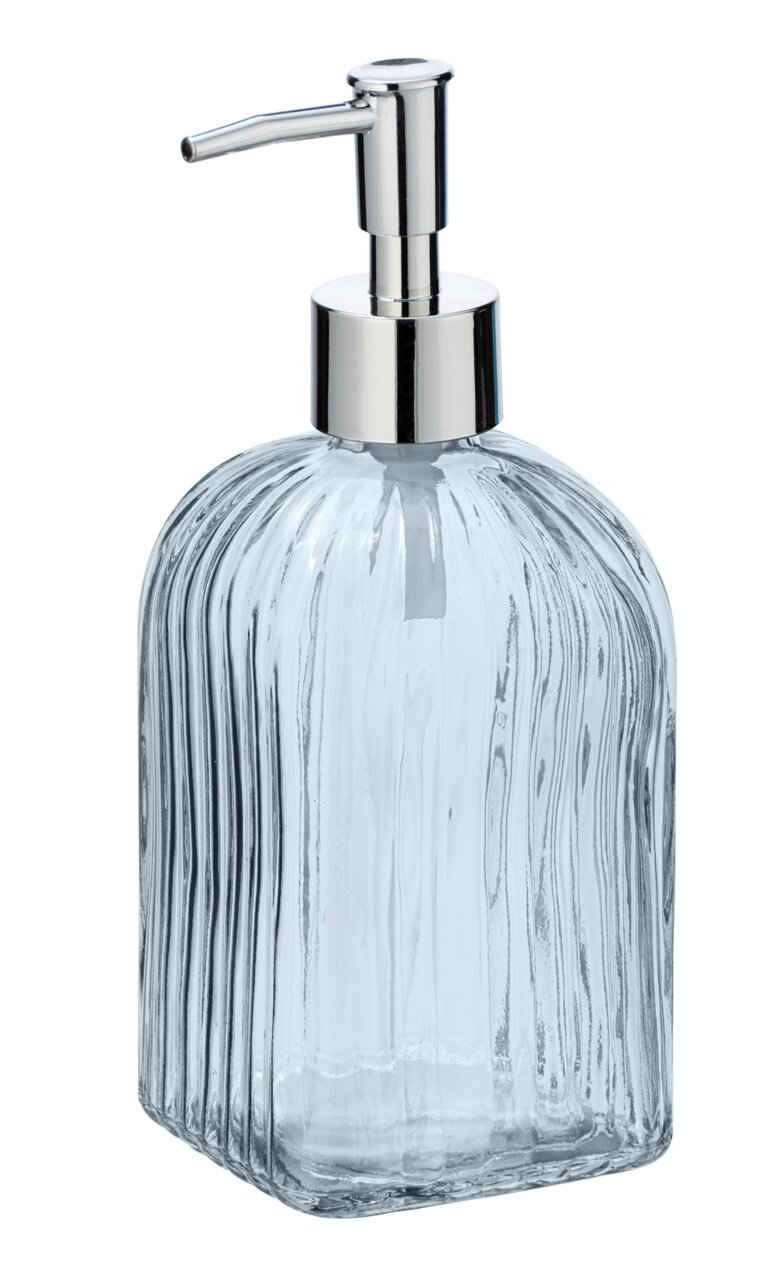 Transparenter, eckiger Seifenspender aus Glas mit vertikalen Rillen und silbernem Pumpkopf, seitliche Perspektive