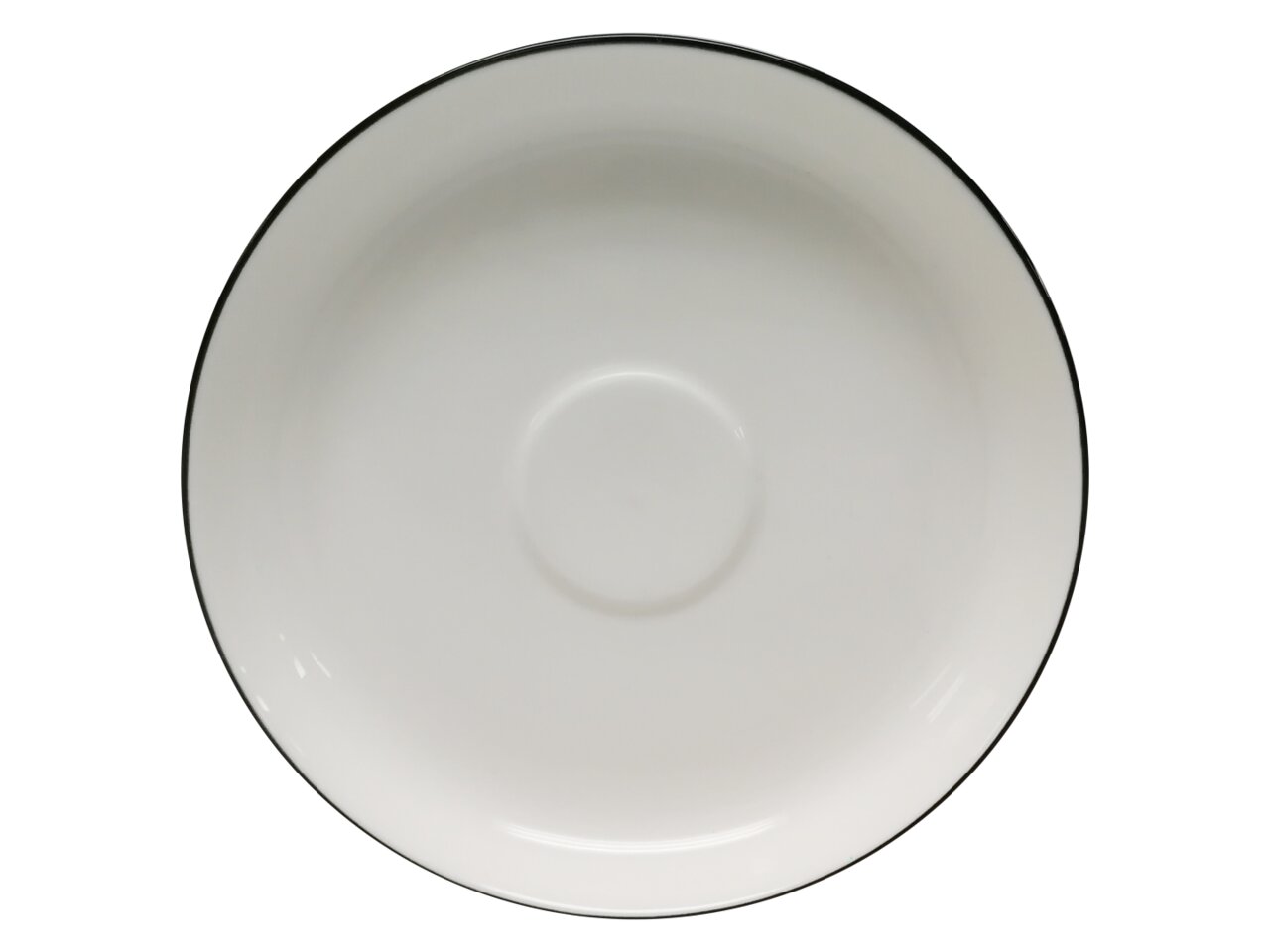 Weiße Untertasse mit schwarzem Rand, Ansicht von oben