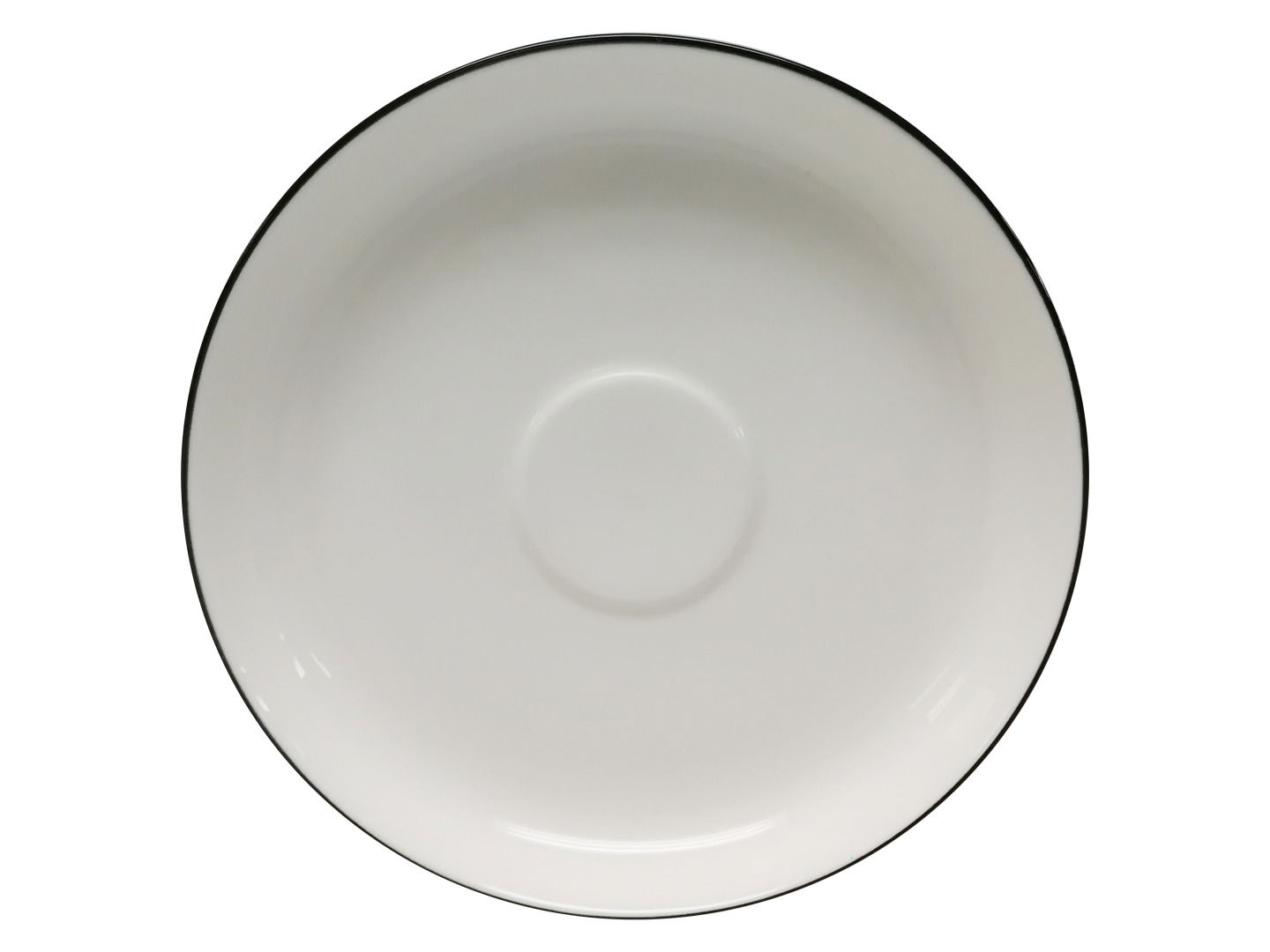 Weiße Untertasse mit schwarzem Rand, Ansicht von oben