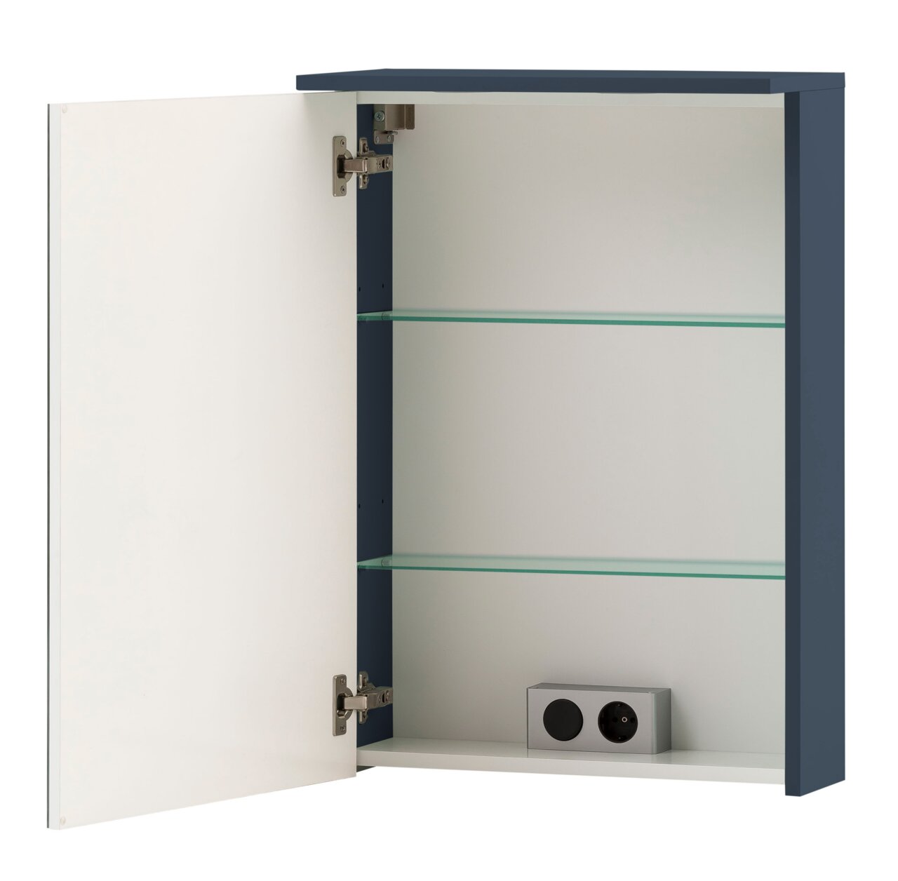 Stylife Spiegelschrank JESPER Geöffneter Spiegelschrank mit zwei Glasböden und integrierter Steckdose, seitliche Perspektive