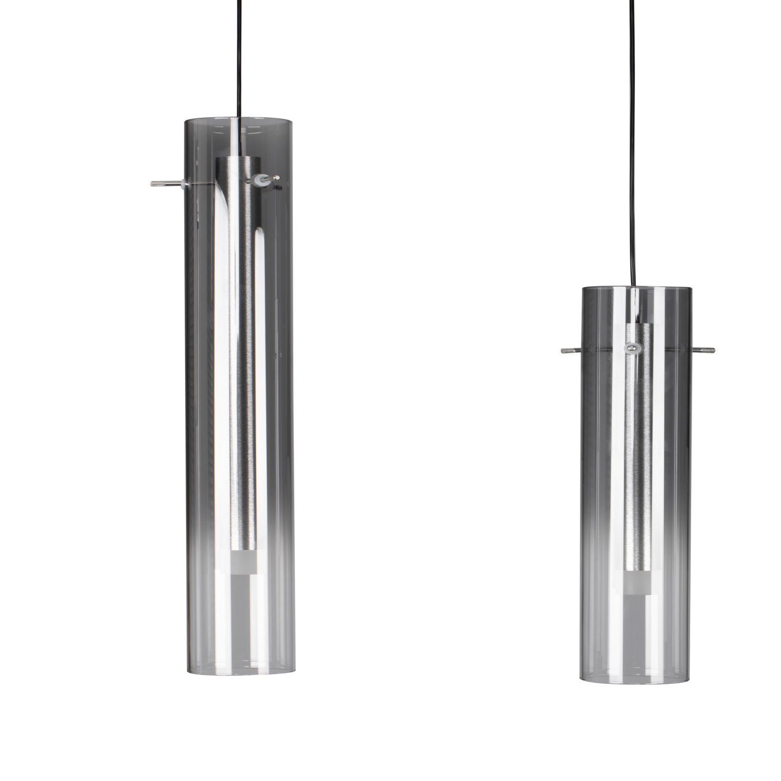Zwei zylindrische LED-Hängeleuchten aus Metall und Glas, von der Seite betrachtet.
