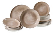 Perspektive auf ein 18-teiliges Tellerset mit braunem, marmoriertem Design.