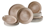 Perspektive auf ein 18-teiliges Tellerset mit braunem, marmoriertem Design.