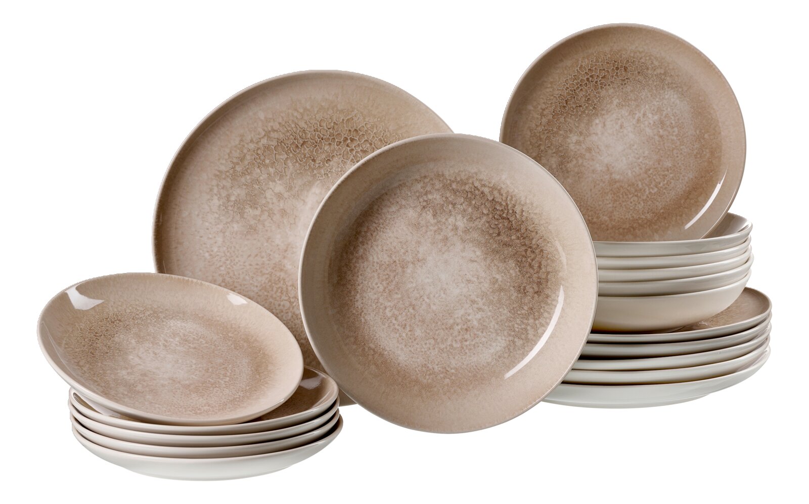 Perspektive auf ein 18-teiliges Tellerset mit braunem, marmoriertem Design.
