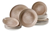 Perspektive auf ein 18-teiliges Tellerset mit braunem, marmoriertem Design.
