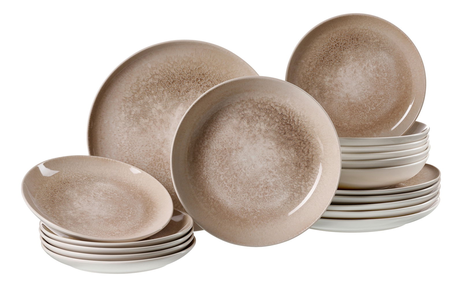 Perspektive auf ein 18-teiliges Tellerset mit braunem, marmoriertem Design.