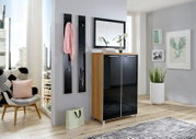 Modernes Garderoben-Set in einem hellen Raum mit Stadtblick, bestehend aus einem Schrank mit zwei Türen, zwei Wandpaneelen mit Haken und einem Spiegel. Perspektive von vorne.