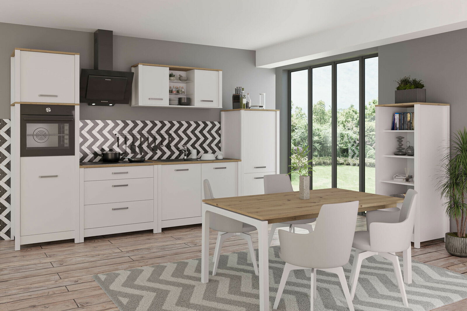 Moderne Küche mit weißem Schrankaufsatz SORBA, Holzarbeitsplatte und stilvollem Zickzack-Fliesenspiegel, seitliche Perspektive.