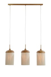 Dreiflammige Pendelleuchte mit Holz-Deckenbalken, drei zylindrischen Lampenschirmen in hellem Holz und warmem Licht, frontale Ansicht vor weißem Hintergrund