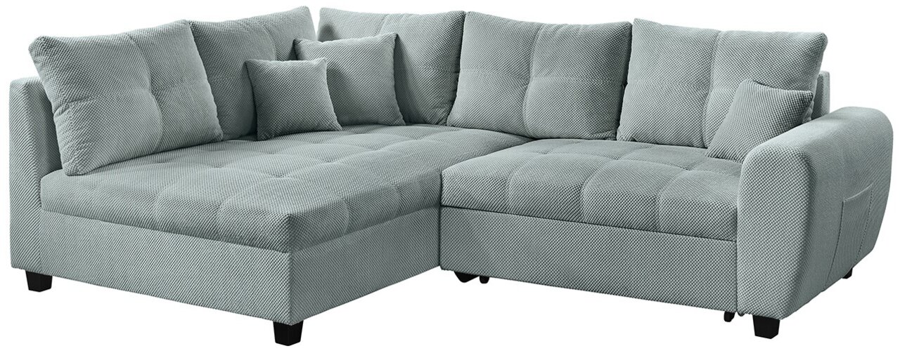 Graue Rundecke (L) mit weichem Stoffbezug, mehreren Kissen und stabilen Holzfüßen, Perspektive von vorne links.