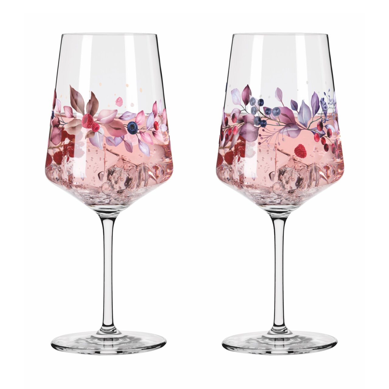 Ritzenhoff Sprizz-Set 2-tlg. SOMMERSONETT Zwei elegante Weingläser mit floralen Mustern und rosa Getränk, seitliche Perspektive.