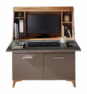 Moderner Sekretär mit Monitor, Tastatur, Büchern und Tasse aus frontaler Perspektive