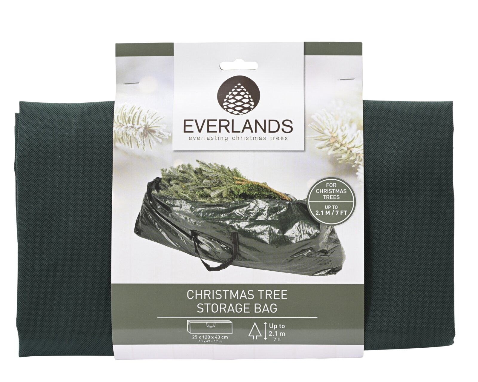 Everlands Aufbewahrungstasche für Weihnachtsbäume bis 2,1 m in Dunkelgrün, verpackt und frontal vor weißem Hintergrund abgebildet