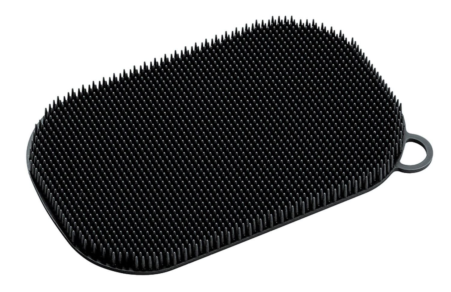 Schwarzer Silikonschwamm mit Noppen, von oben betrachtet, mit einer kleinen Schlaufe an der Seite.