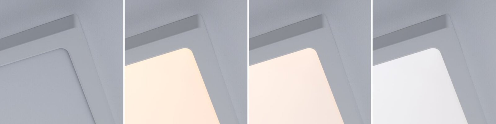 Nahaufnahme einer flachen, quadratischen LED-Panel-Deckenleuchte in Weiß, schräg von unten fotografiert, mit unterschiedlichen Lichtfarben von warmweiß bis neutralweiß.