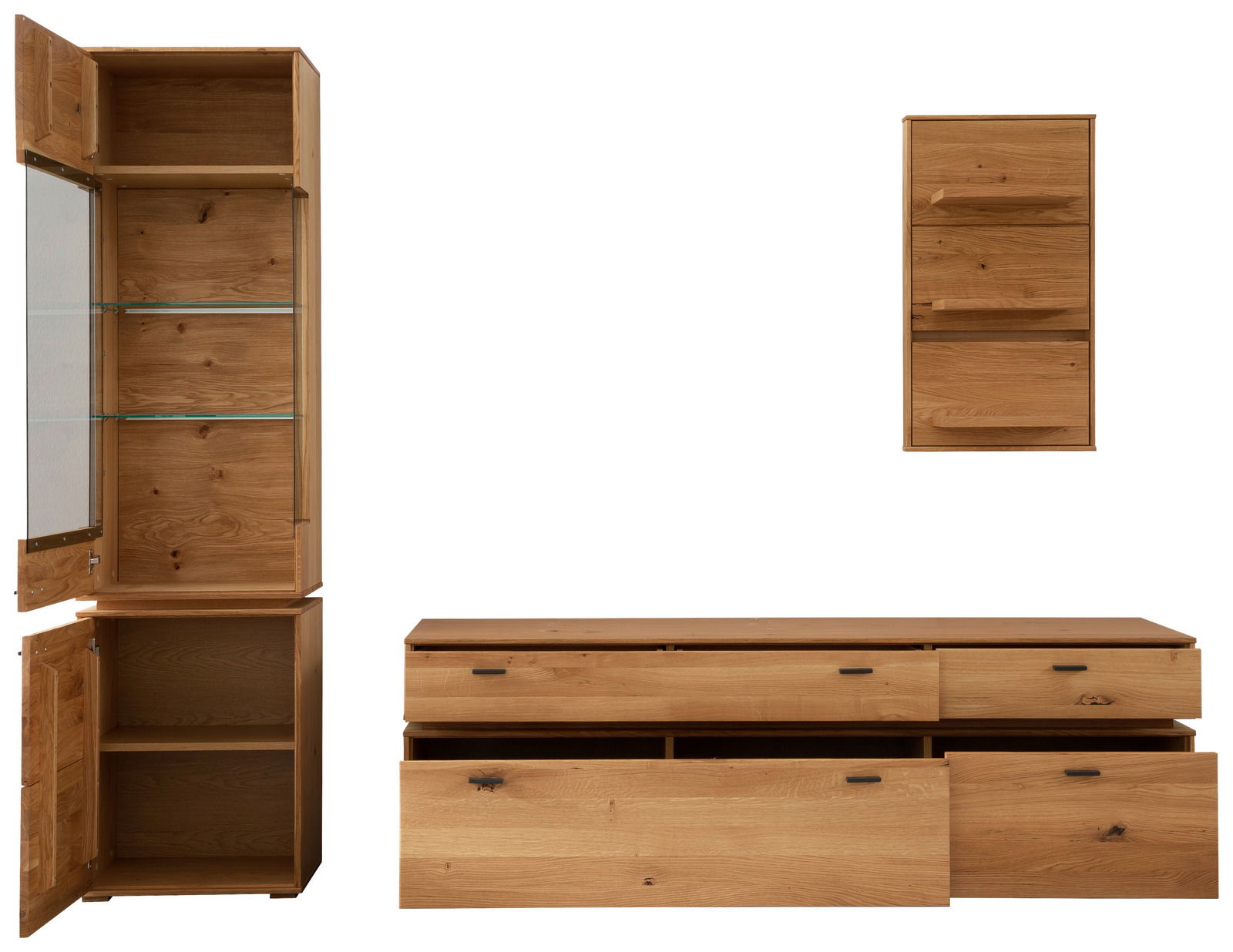 Holz-Wandkombination mit offenem Schrank, Schubladen und Hängeregal, Frontalansicht