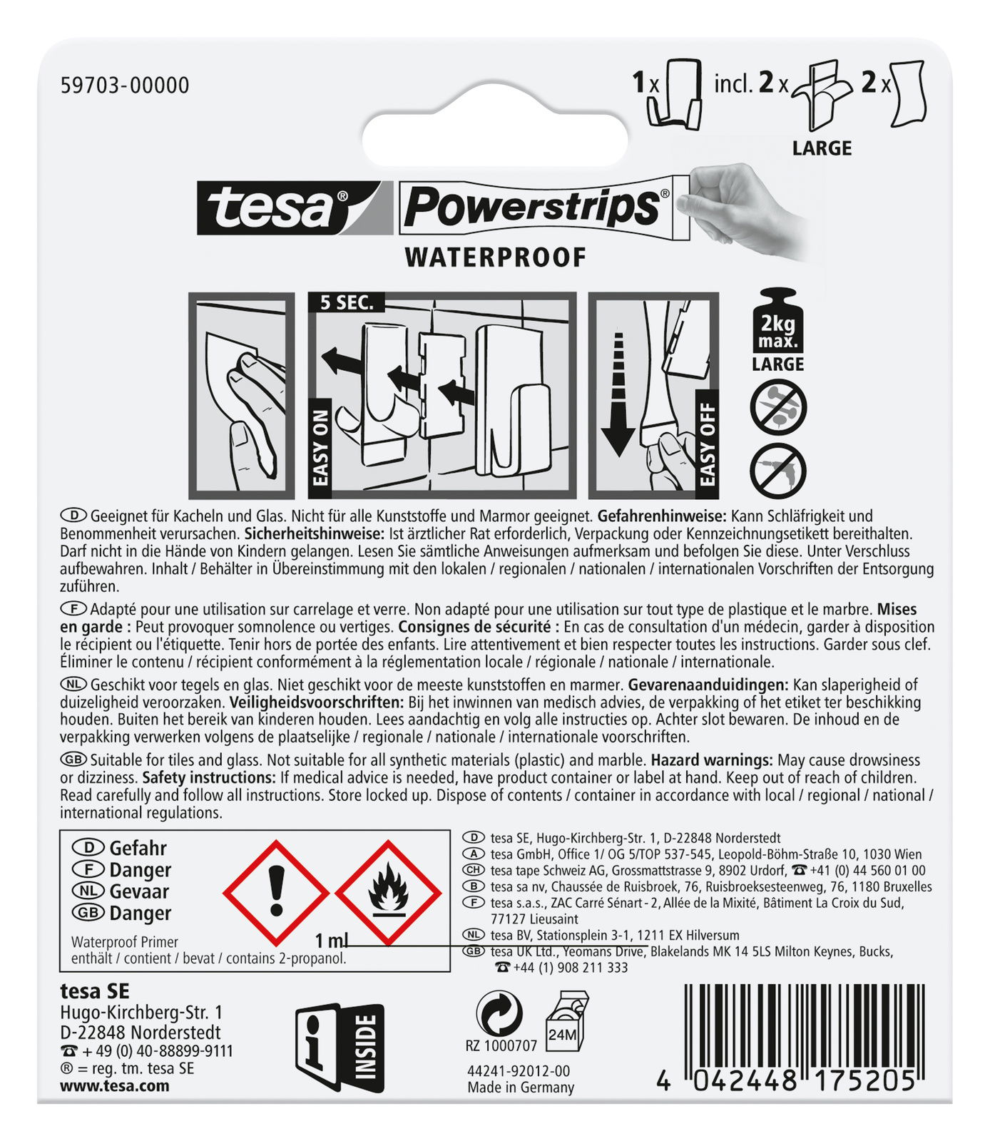 Verpackung der tesa Powerstrips Waterproof, geeignet für Kacheln und Glas, mit einfacher Anbringung und Entfernung, perspektivisch von hinten.