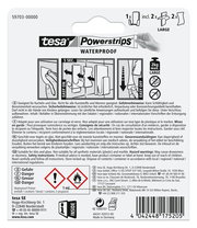 Verpackung der tesa Powerstrips Waterproof, geeignet für Kacheln und Glas, mit einfacher Anbringung und Entfernung, perspektivisch von hinten.