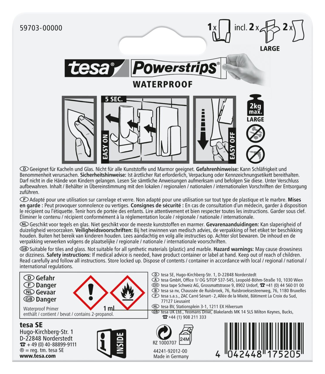 Verpakking van de tesa Powerstrips Waterproof, geschikt voor tegels en glas, eenvoudig aan te brengen en te verwijderen, perspectiefaanzicht vanaf de achterkant.