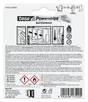 Verpakking van de tesa Powerstrips Waterproof, geschikt voor tegels en glas, eenvoudig aan te brengen en te verwijderen, perspectiefaanzicht vanaf de achterkant.