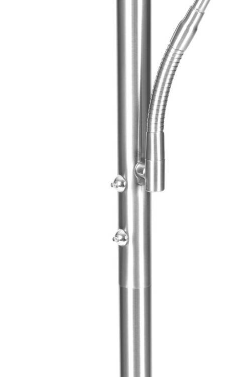 Close-up van een zilveren LED-plafondlamp met flexibele leesarm.