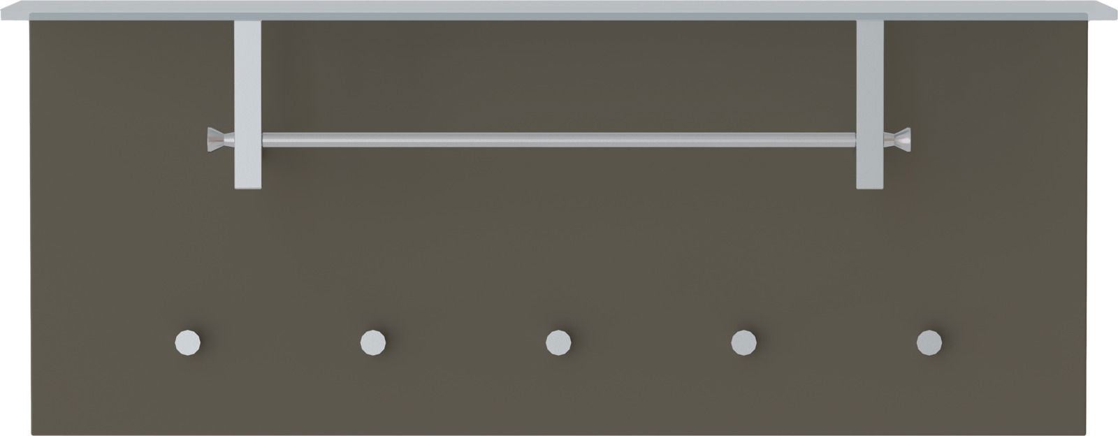 Garderobenpaneel in horizontaler Ausrichtung mit fünf Haken und einer Kleiderstange, frontal betrachtet.