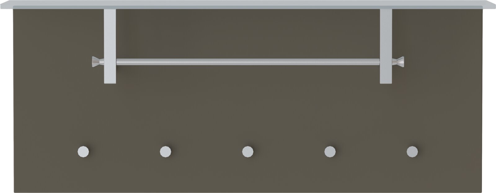 Moderano Garderobenpaneel quer LECCO Garderobenpaneel in horizontaler Ausrichtung mit fünf Haken und einer Kleiderstange, frontal betrachtet.