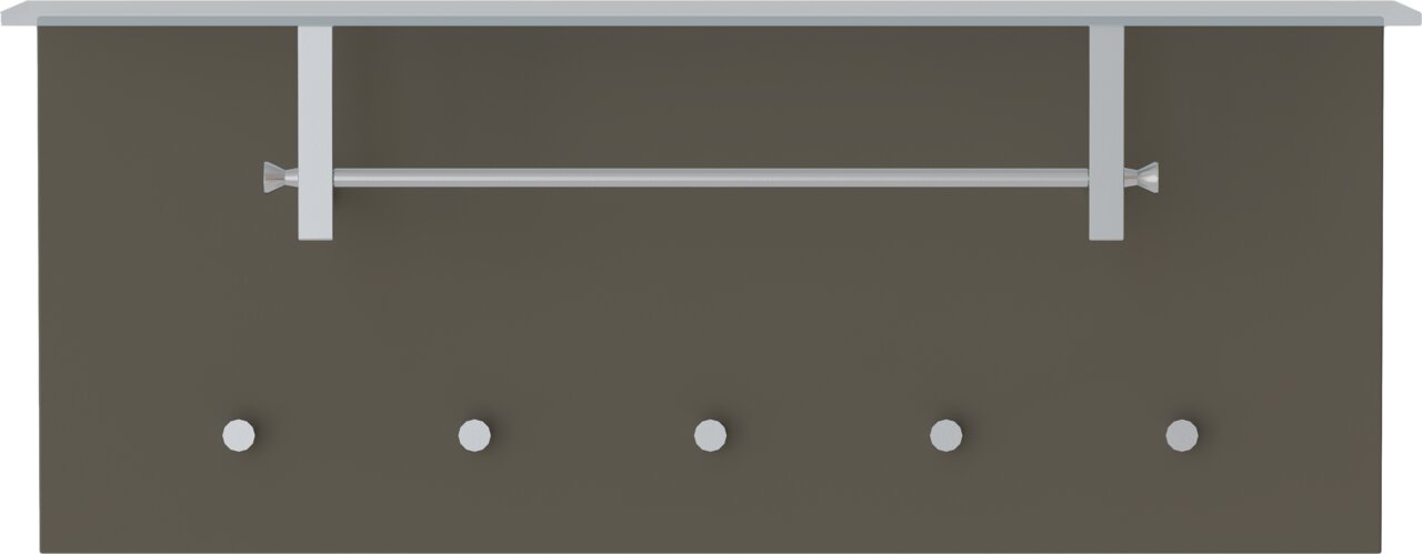 Moderano Garderobenpaneel quer LECCO Garderobenpaneel in horizontaler Ausrichtung mit fünf Haken und einer Kleiderstange, frontal betrachtet.