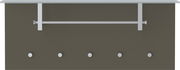 Garderobenpaneel in horizontaler Ausrichtung mit fünf Haken und einer Kleiderstange, frontal betrachtet.