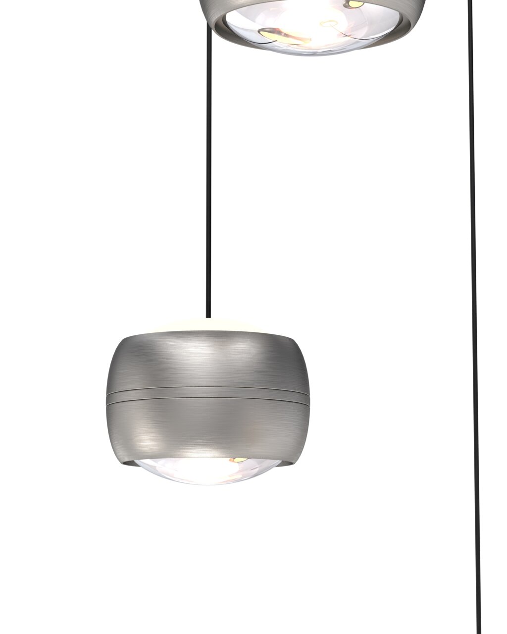 Moderne LED-Pendelleuchte in silberner Optik, seitliche Perspektive