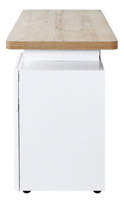 Seitenansicht eines Schreibtisches mit weißem Korpus und Holzoberfläche