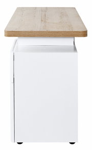 Seitenansicht eines Schreibtisches mit weißem Korpus und Holzoberfläche