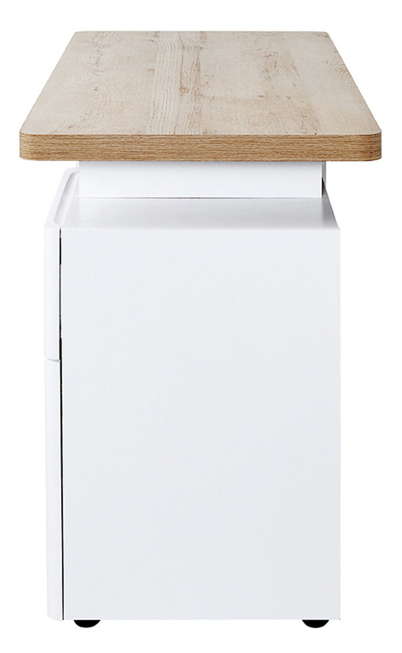 Seitenansicht eines Schreibtisches mit weißem Korpus und Holzoberfläche