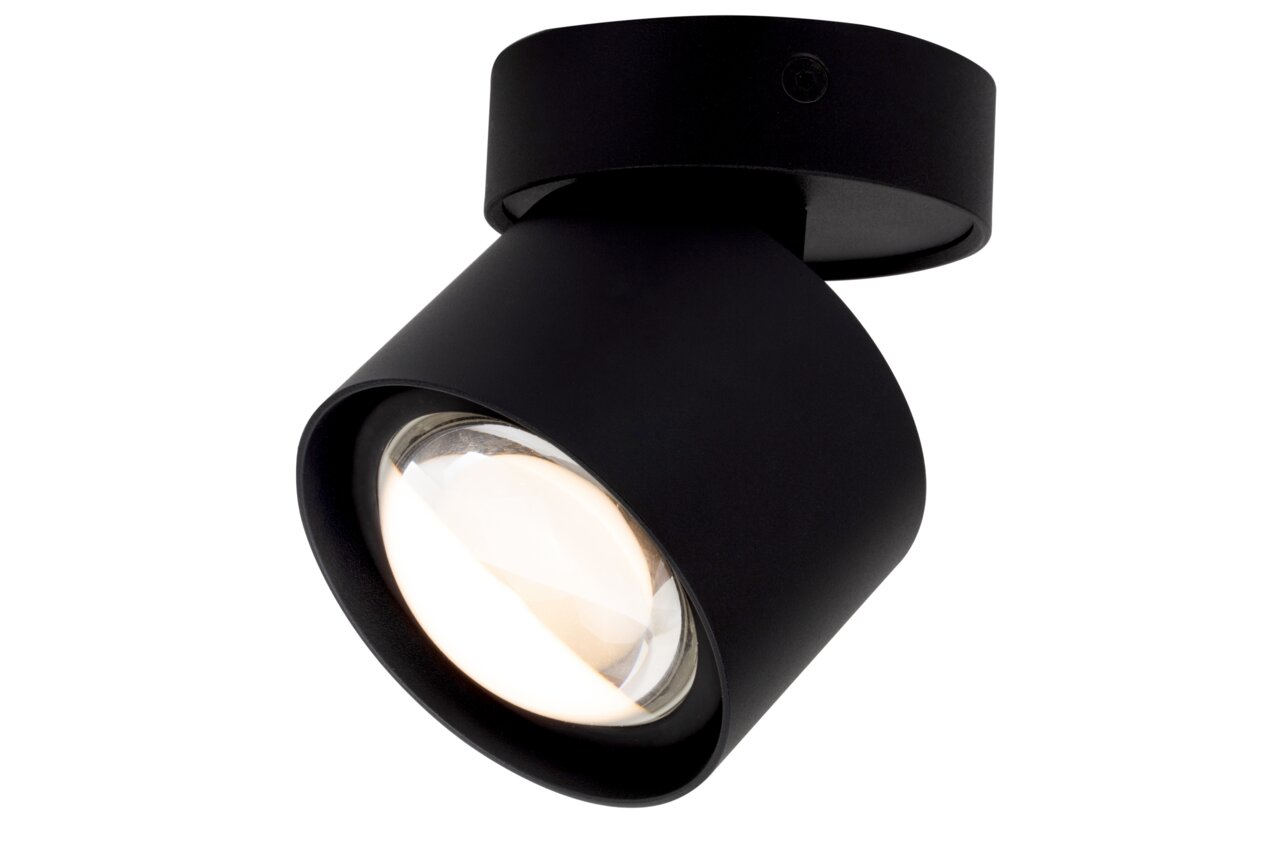 Zwarte led-spotkop gezien vanaf de zijkant, met een ronde behuizing en een zichtbare lens.