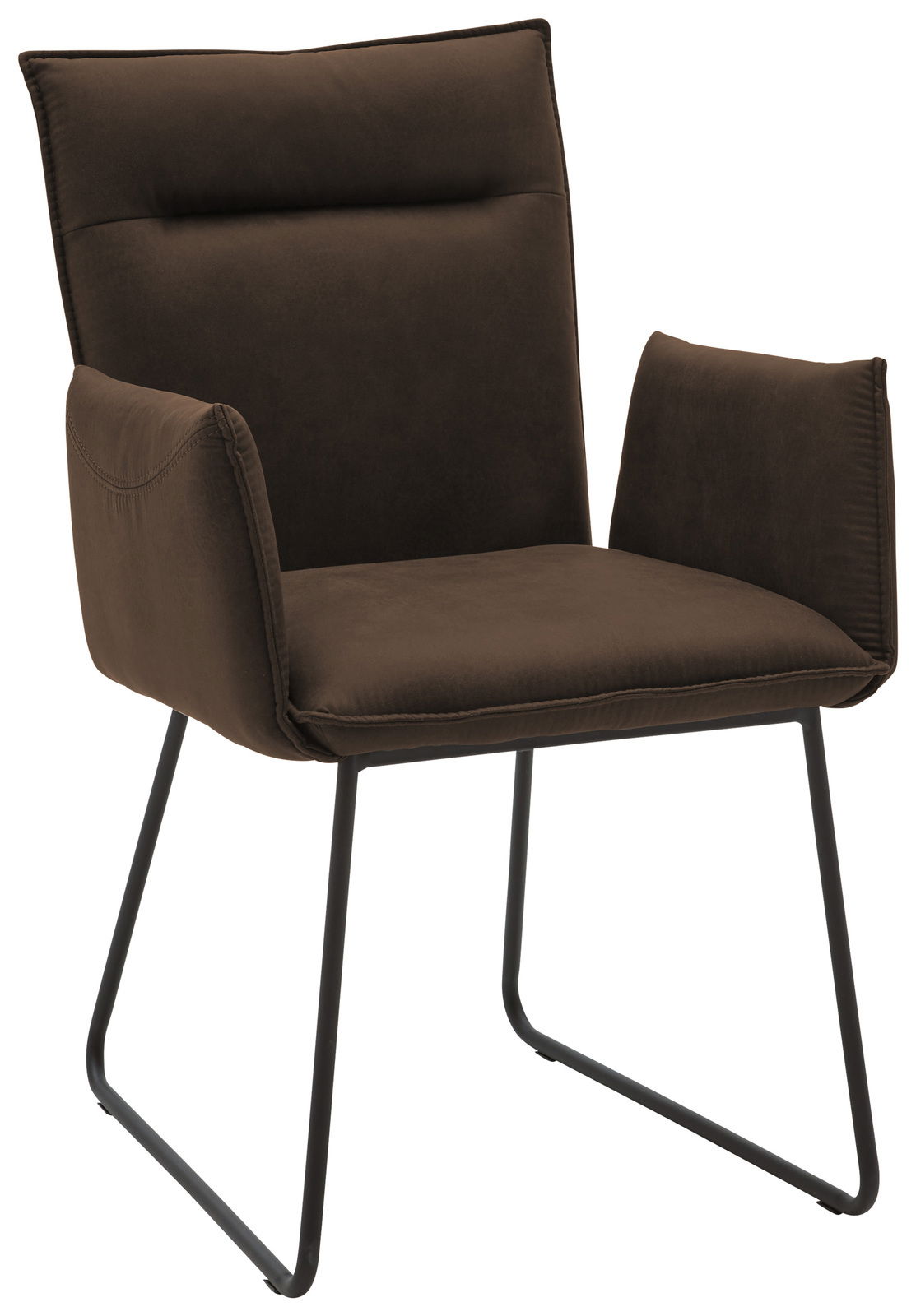 Moderner brauner Sessel mit Metallbeinen, seitliche Perspektive