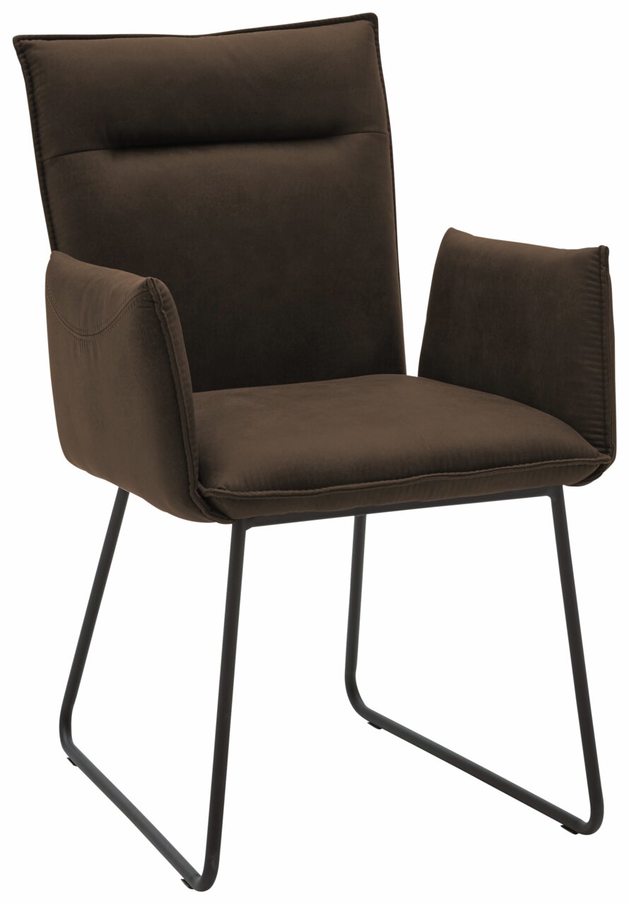 Moderner brauner Sessel mit Metallbeinen, seitliche Perspektive