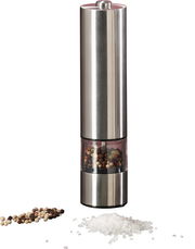 Elektrische Salz-Pfeffermühle aus Edelstahl, frontal abgebildet, mit transparentem Mittelteil, gefüllt mit Pfefferkörnern und Salz.