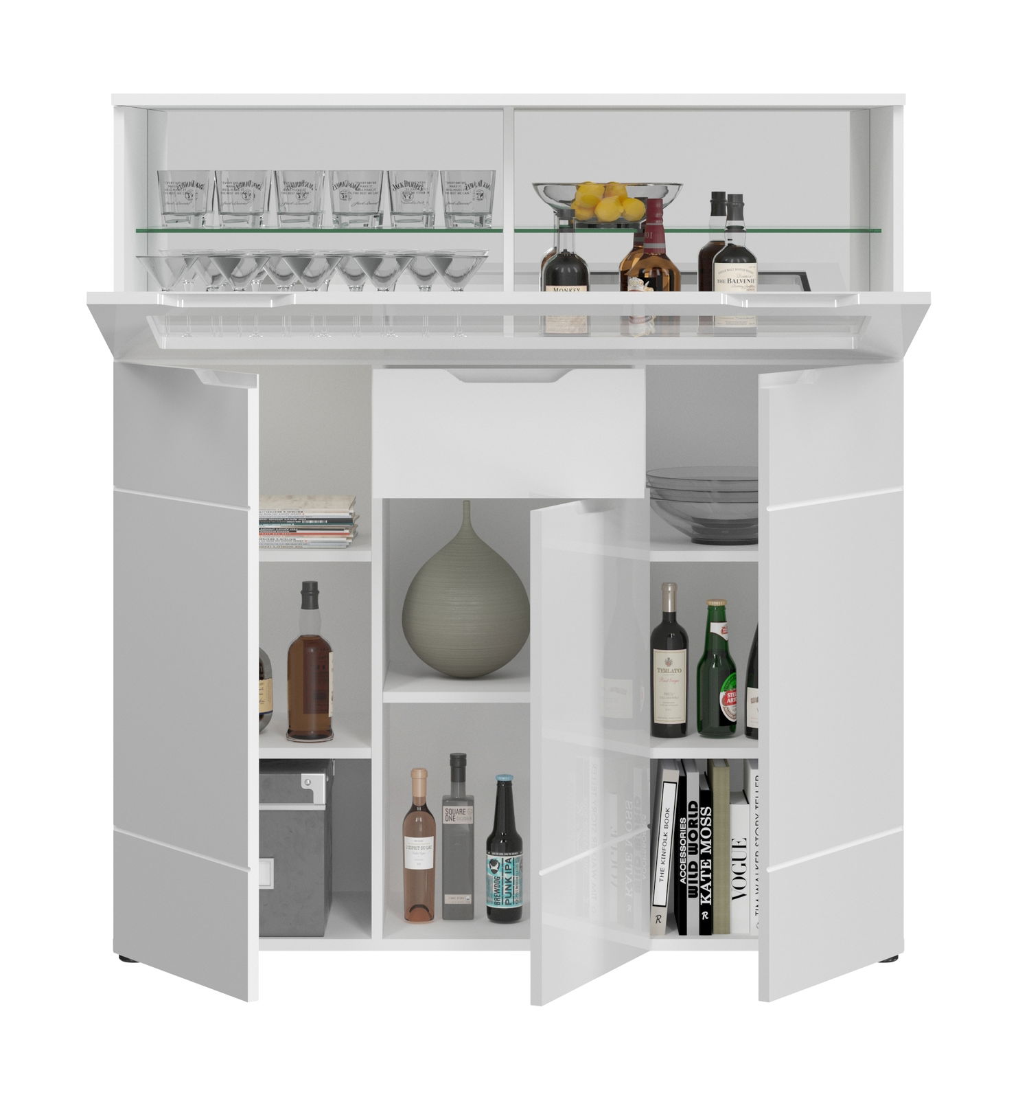 Moderner weißer Barschrank mit geöffneten Türen, gefüllt mit Flaschen, Gläsern und Dekorationsgegenständen, frontal betrachtet.
